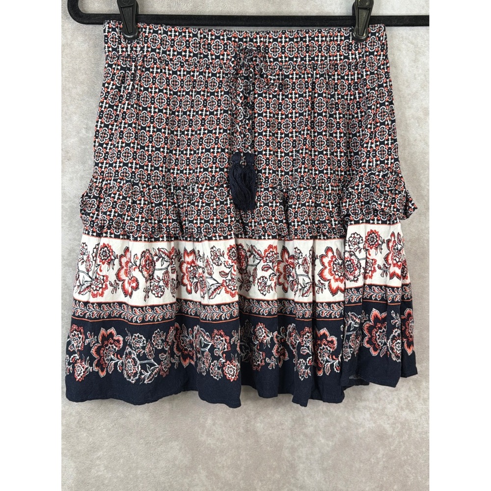 Blue Rain Skirt Womens Size S Navy Red Floral Boho‎ Tiered Ruffle Mini